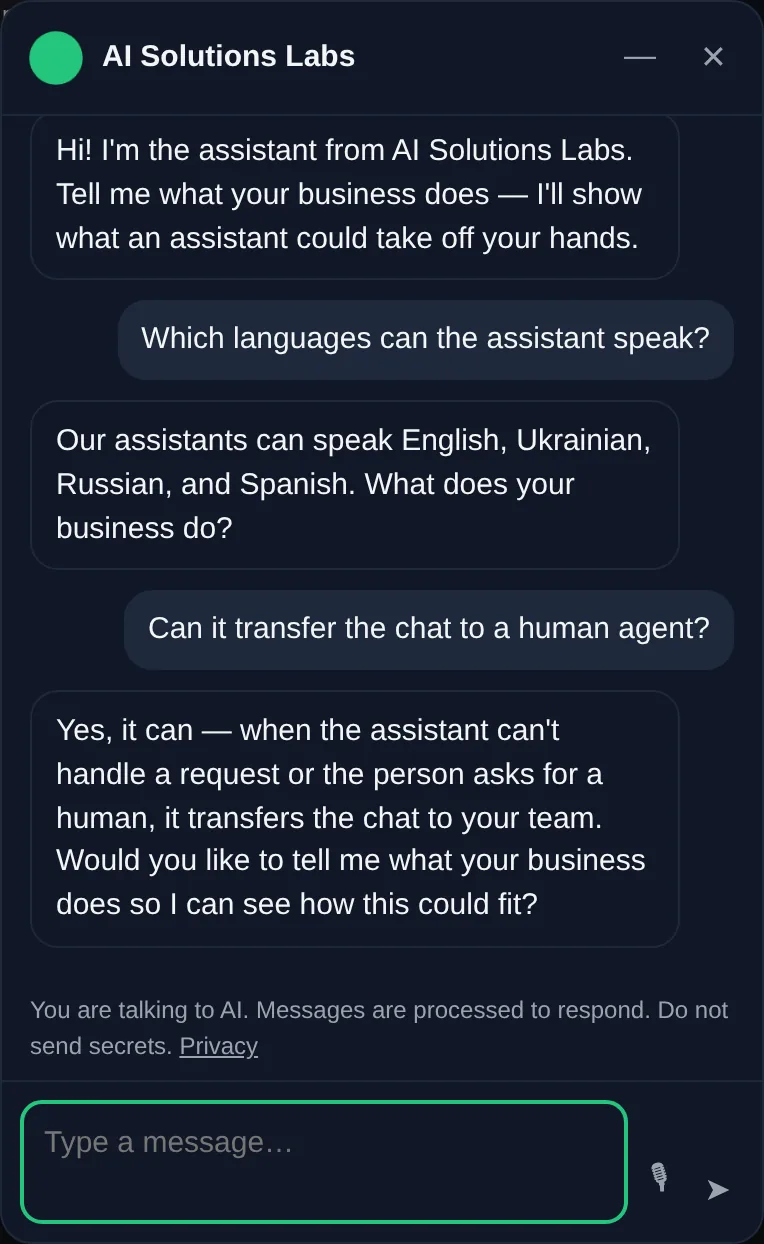 Website chat: the assistant answers questions about languages and handover to a human